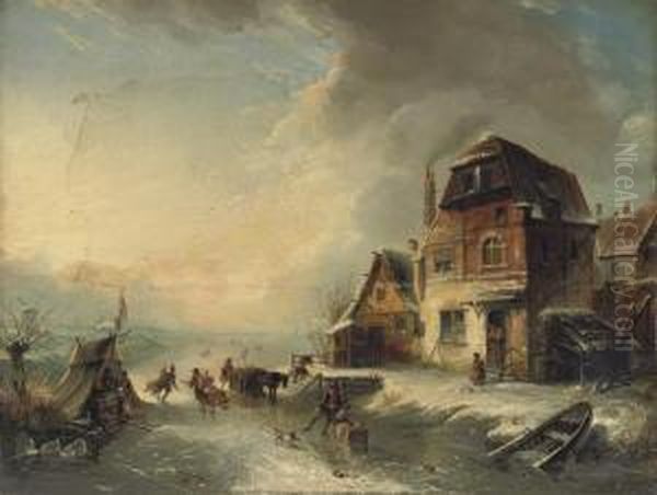 Skating On The Ice On A Winter's Day Oil Painting by Pierre-Henri-Theodore Tetar van Elven