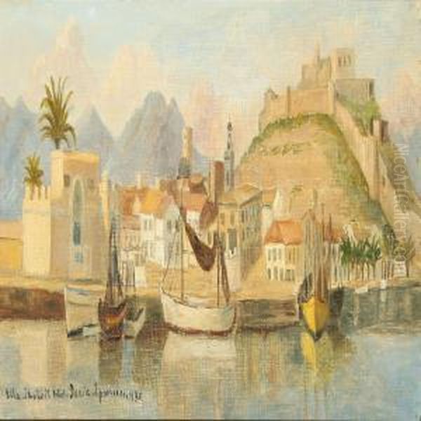 Greek Village With Fishing Boats In Port Oil Painting by Ella Thalbitzer