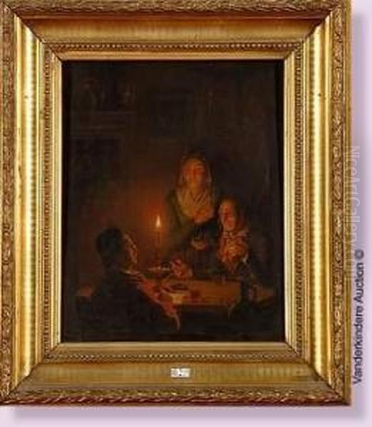 Scene D'interieur Eclaire A La Bougie Oil Painting by Guillaume Thans