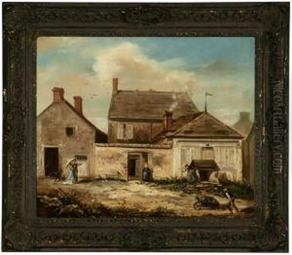Figures In A Yard Before A Group Of Houses Oil Painting by Louis Victor Thevenin