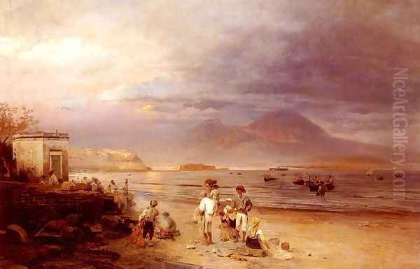 Fishermen with the Bay of Naples and Vesuvius beyond Oil Painting by Oswald Achenbach
