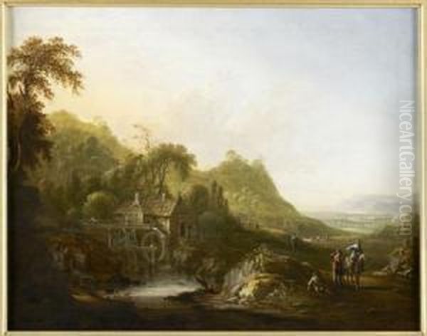Figures And Travellers By A Watermill Oil Painting by Johann Fried. Alex. Thiele