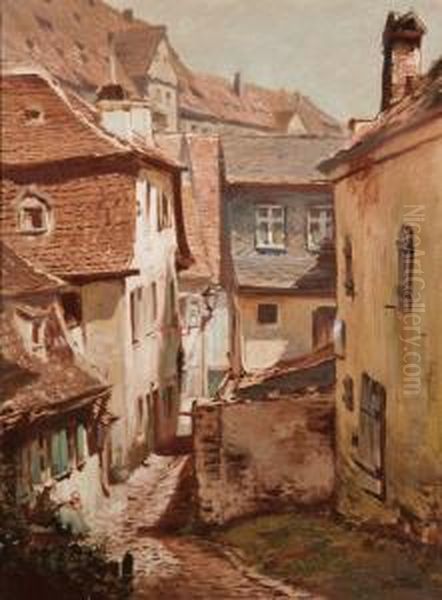 A Sunny Village Street Oil Painting by Otto Thiele