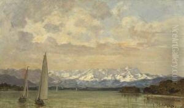 Blick Uber Den Starnberger See Auf Die Alpenkette Oil Painting by Paul Thiem