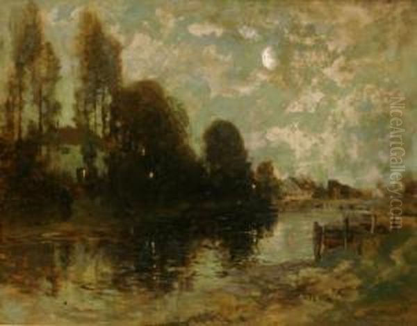 Moonlit French Village Oil Painting by George Grosvenor Thomas