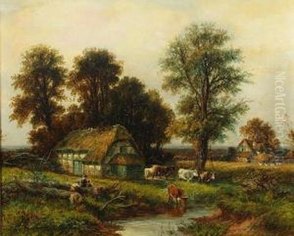 Figures And Cattle By A Hamlet Oil Painting by Thomas, of Pall Mall Butler