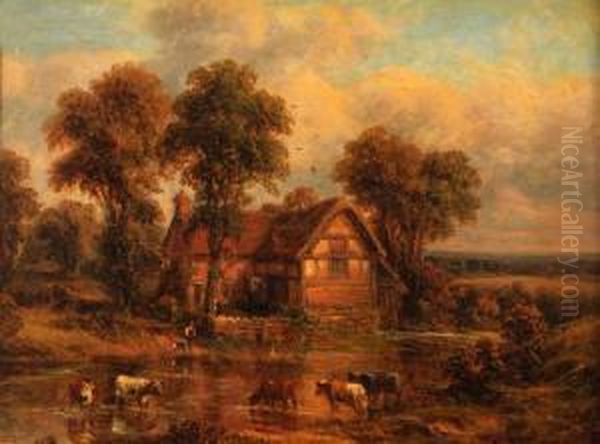 Cattle Watering Before A Cottage Oil Painting by Thomas, of Pall Mall Butler