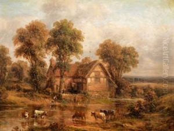 A Landscape With Figures And Horses By A Thatched Cottage Oil Painting by Thomas, of Pall Mall Butler
