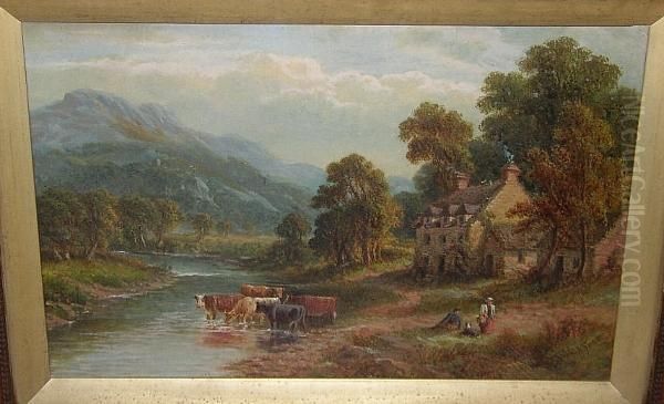 Cattle Watering By A Farmstead, Mountains Beyond, Signed 't. Thomas' Oil Painting by Thomas, of Pall Mall Butler