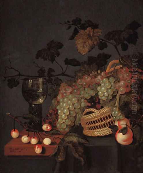 A basket with grapes, a roemer and cherries on a partly draped ledge Oil Painting by Bartholomeus Assteyn