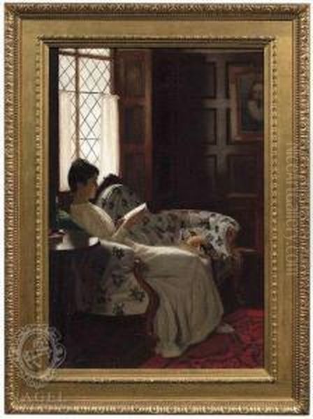Reading Lady In A Panelled Interior Oil Painting by Stanley Thompson