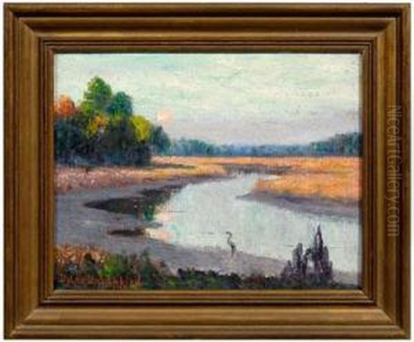 View Of ATidal Marsh With Heron Oil Painting by Wilfred Thompson