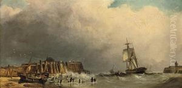 Shipping In The Harbour Entrance At Yarmouth Oil Painting by Charles Thorneley