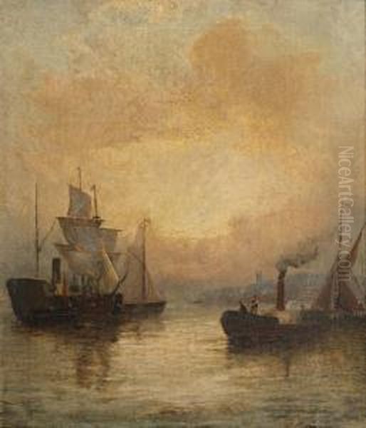 Shipping At Sunset, And Another Oil Painting by William A. Thornley or Thornbery