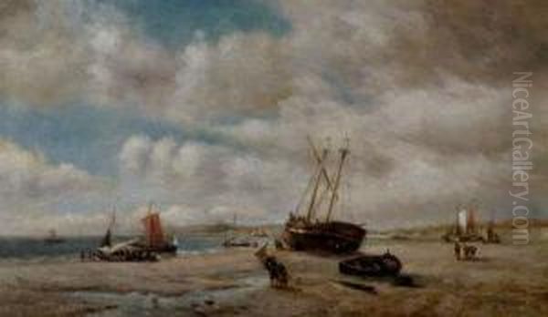 Beached Fishing Boats And Fisherfolk In A Coastal Landscape Oil Painting by William A. Thornley or Thornbery