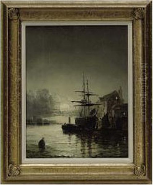 Moonlight On The Thames Oil Painting by William A. Thornley or Thornbery