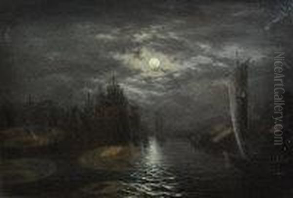 Moonlight Harbour Scene Oil Painting by William A. Thornley or Thornbery