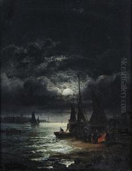 Moonlit Harbour Scene Oil Painting by William A. Thornley or Thornbery