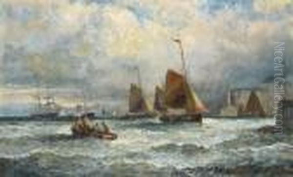 Fishing Smacks Off The Entrance To Margate Harbour Oil Painting by William A. Thornley or Thornbery