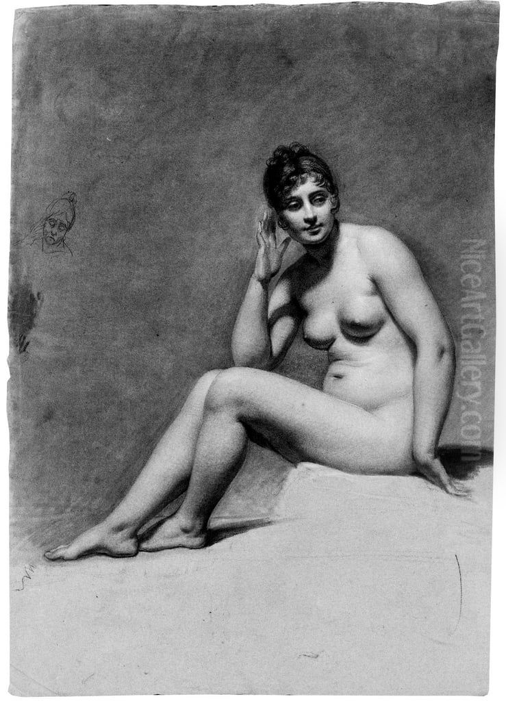 A seated female nude, her head turned to the right, and a caricature study of her head Oil Painting by Pauline Auzou