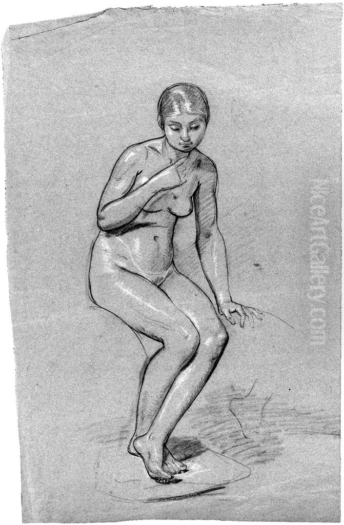 A seated female nude, looking down Oil Painting by Pauline Auzou