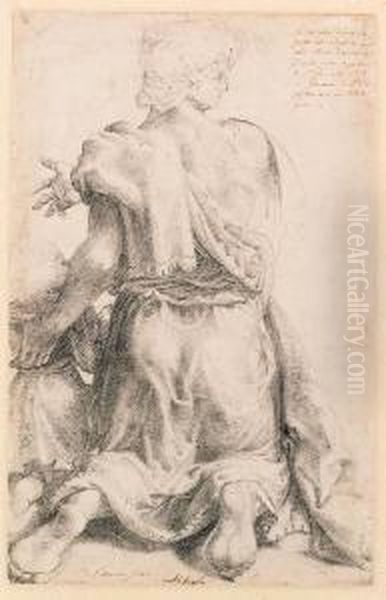 A Kneeling Woman And Child Seen From Behind Oil Painting by Pellegrino Tibaldi