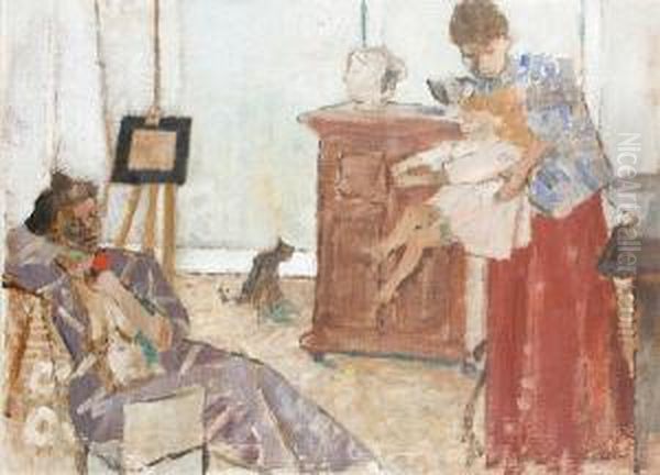 Interior Scene With Mother And Child Oil Painting by Geoffrey Tibble