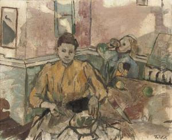 Shelling Peas Oil Painting by Geoffrey Tibble