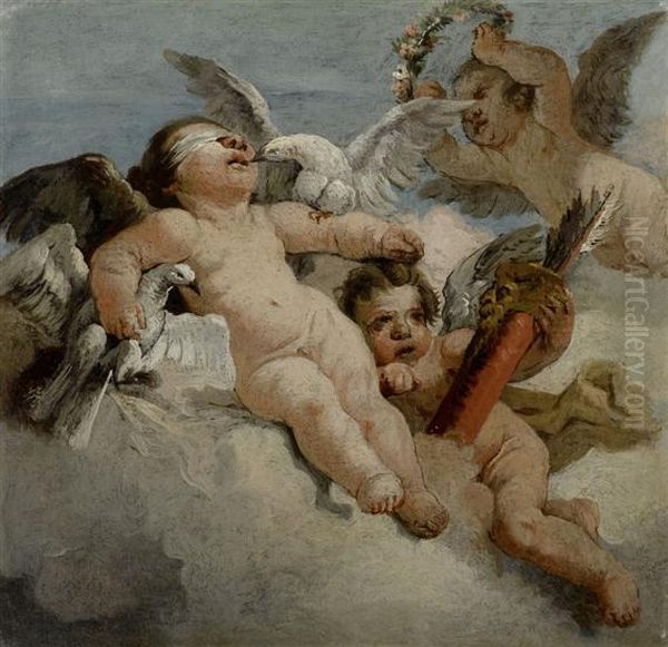 Flying Angel With Doves Oil Painting by Lorenzo Tiepolo