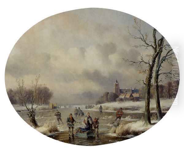 Skaters On A Frozen Waterway, A 'Koek En Zopie' In The Distance Oil Painting by Carl Eduard Ahrendts