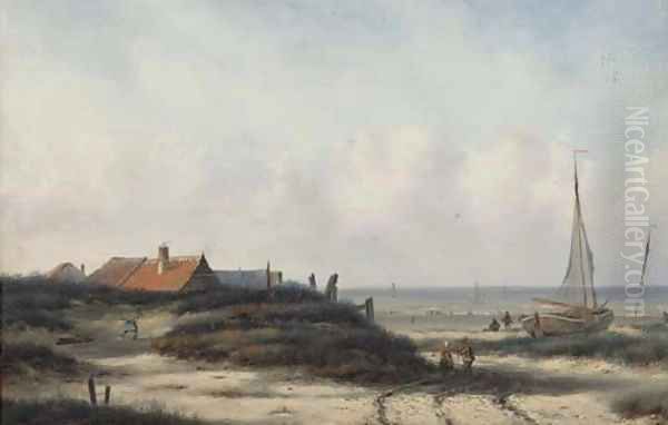 Fisherfolk by a village on the Dutch coast Oil Painting by Carl Eduard Ahrendts
