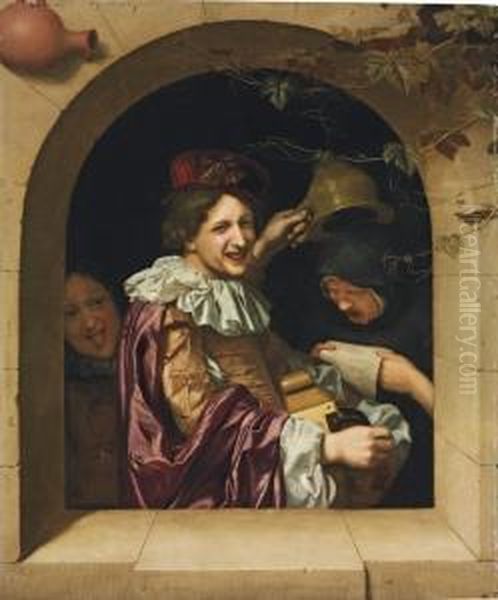 A Hurdy-gurdy Player With An Old Woman Singing And A Mocking Youth At A Casement Oil Painting by Jan Tilius