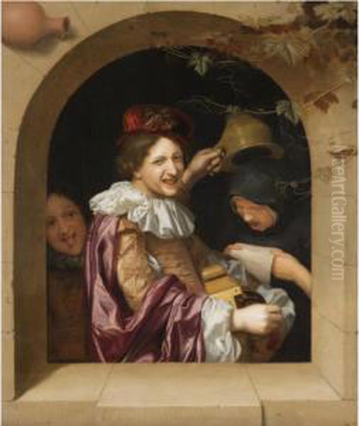 A Hurdy-gurdy Player With An Old Woman Singing And A Mocking Youth Oil Painting by Jan Tilius