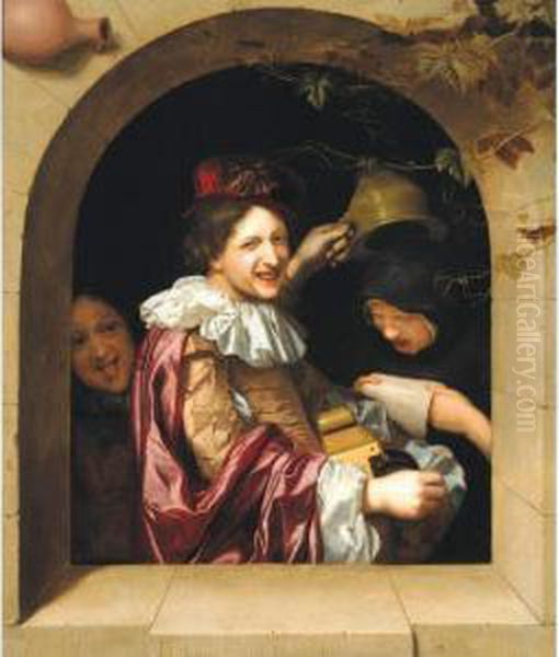 A Hurdy Gurdy Player With An Old Woman Singing And A Mocking Youth Oil Painting by Jan Tilius