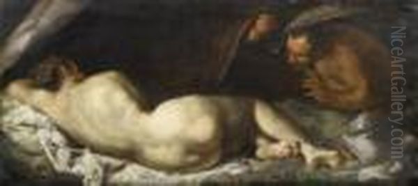 Reclining Nymph Surprised By A Satyr Oil Painting by Jacopo Tintoretto (Robusti)