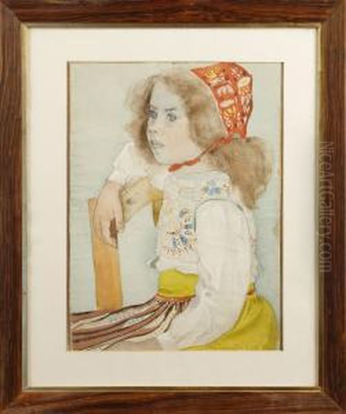 Flicka I Folkdrakt Oil Painting by Stina Tiren