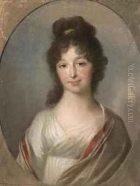 Portrait Of A Lady, Half-length, In A White Dress With A Red Wrap,in A Painted Oval Oil Painting by Johann Friedrich August Tischbein