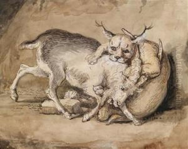 Ein Bock Wir Von Einem LuchsAngefallen, Oil Painting by Johann Heinrich Ii Tischbein