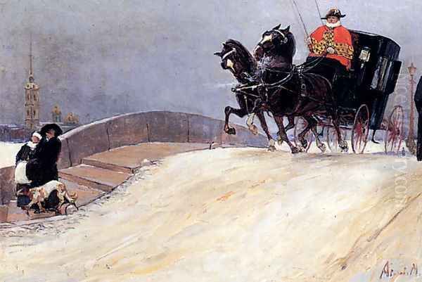 Over The Bridge Oil Painting by Mikhual Ivanovitch Avilov