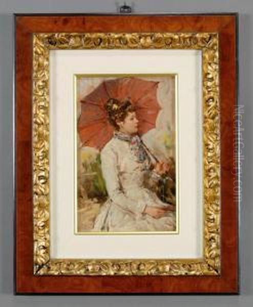 Ragazza Con Ombrellino Rosso Oil Painting by Edoardo Tofano