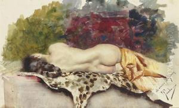 A Reclining Female Nude Seen From Behind Lying On A Leopardskin Oil Painting by Casimiro Tomba Aldini