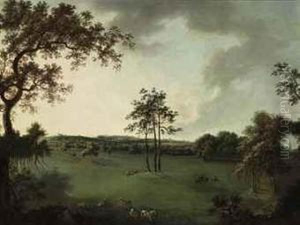 A View In Leicestershire With A Church, Possibly Melton Mowbray, Inthe Distance Oil Painting by William Tomkins