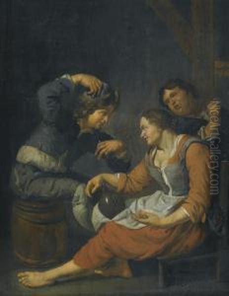 Three Peasants Drinking Oil Painting by Jacob Van Toorenvliet