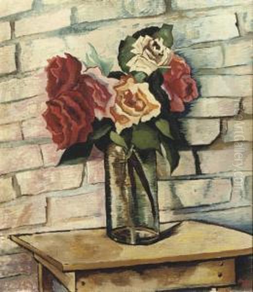 A Still Life With Roses In A Glass Vase Oil Painting by Charley Toorop