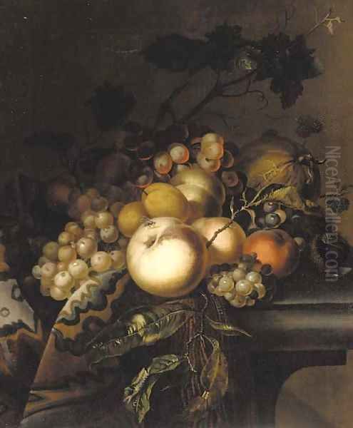 Grapes and vine leaves, peaches, apricots, horse chestnuts and blackberries on a draped ledge Oil Painting by Willem Van Aelst