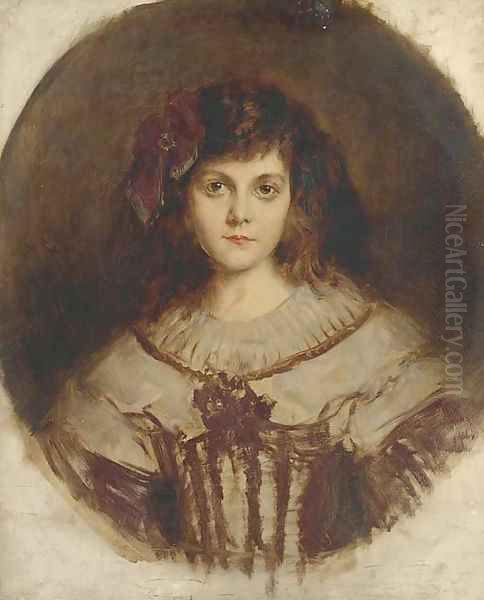 Portrait of a young girl, bust-length, with a red bow in her hair Oil Painting by Rene Avigdor