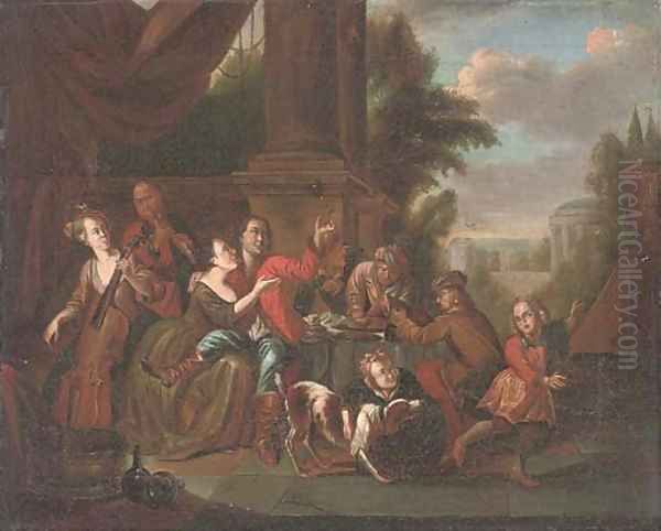 Elegant company drinking and music making in a courtyard Oil Painting by Joseph van Aken