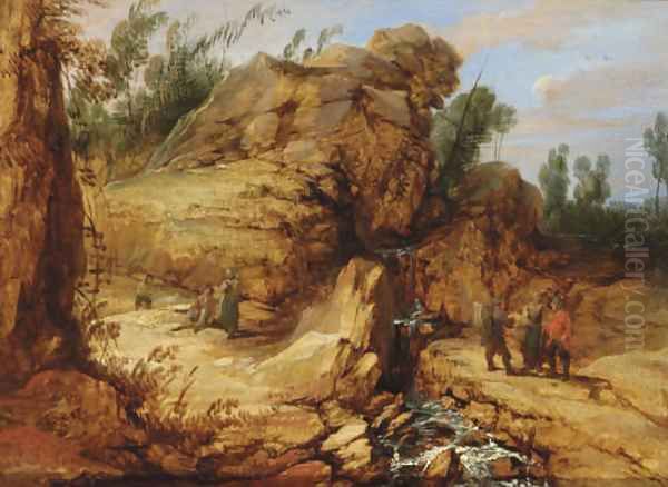 A rocky river landscape with travellers in the foreground Oil Painting by Lucas Achtschellinck