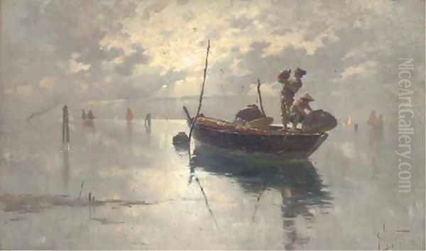 Fishermen on the Venetian Lagoon, dusk Oil Painting by Giuseppe Vizzotto Alberti