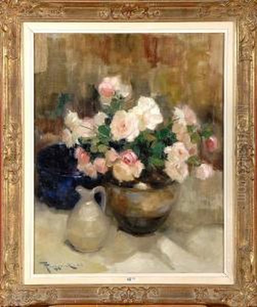 Vase De Roses Blanches Sur La Table Oil Painting by Fernand Toussaint